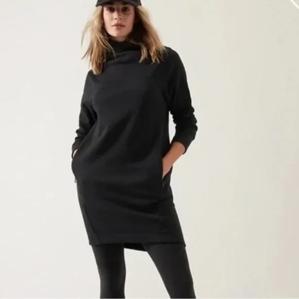 Athleta Cozy Karma Sweatshirt Mock Neck Dress Sz 2XS Black Long Sleeve Casual